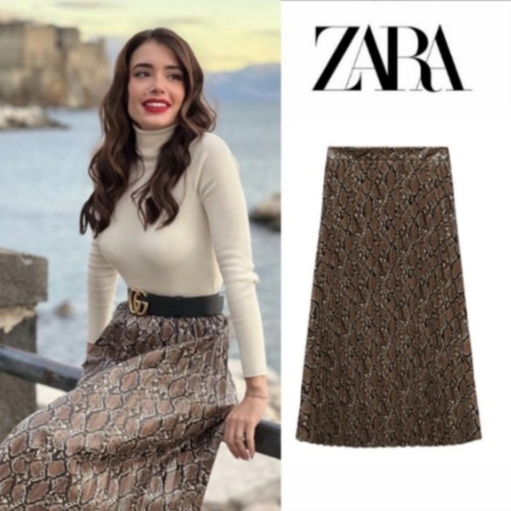 Zara Snake Print Pleated Faux Leather Skirt - S